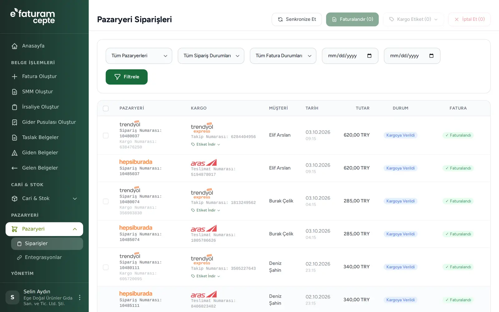 e-Faturam Cepte pazaryeri siparişleri ekranı