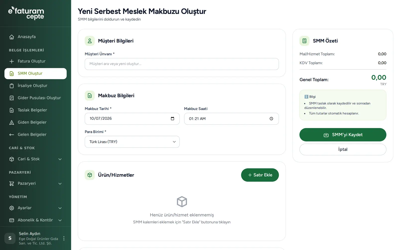 e-Faturam Cepte e-SMM oluşturma ekranı